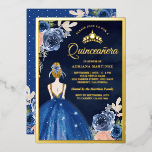 Königsblaues Blumenkleid Marine Quinceanera Gold Folieneinladung
