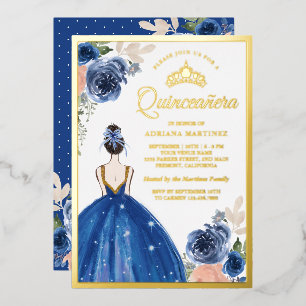 Königsblaues Blumenkleid Prinzessin Quinceanera Go Folieneinladung