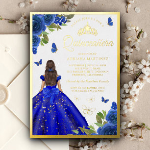 Königsblaues Blumenkleid Schmetterling Quinceanera Folieneinladung