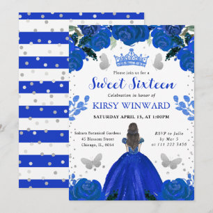 Königsblaues Kleid Brünette Prinzessin Sweet 16 Einladung