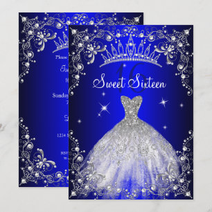 Königsblaues Sweet 16 Silber-Perlen-Kleid Party Einladung