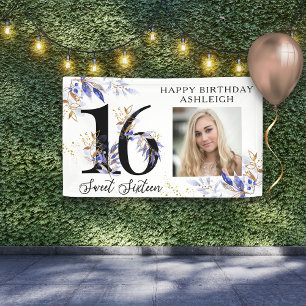 Königsblaues und goldenes Blattwerk Sweet 16 Foto- Banner
