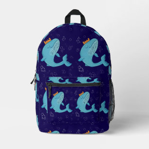 Königswal mit Krone Whimsical Ocean Folk Art Bedruckter Rucksack