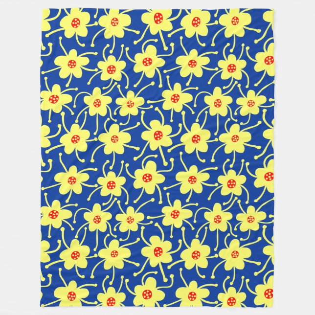 Konkurrierende Blume - Gelb und Rot auf Navy Blue Fleecedecke (Vorderseite)