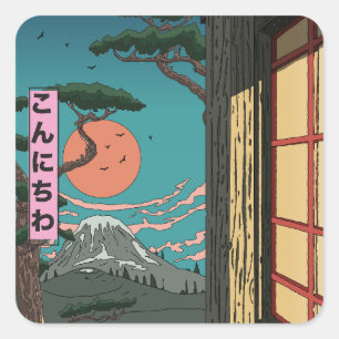 Konnichiwa Japanischer Sunset Quadratischer Aufkleber