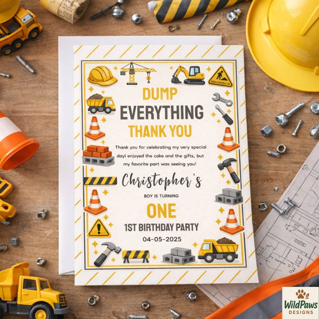 Konstruktions-1. Geburtstag | Baustellen-LKW-Party Dankeskarte (Construction 1ST Birthday | Builder Truck Party Thank You Card
)