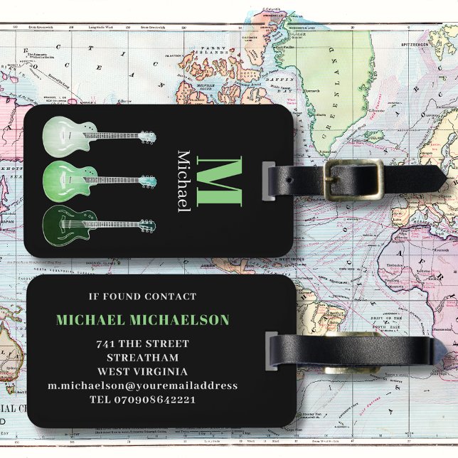 Kontaktinformationen zur E-Gitarre Gepäckanhänger (Electric guitar monogram black and green modern travel tag for guitarists musicians music lovers)