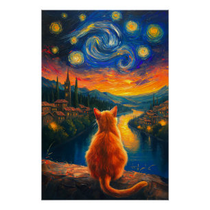 Kontemplative Ginger Cat Starry Night Sky Art Poster