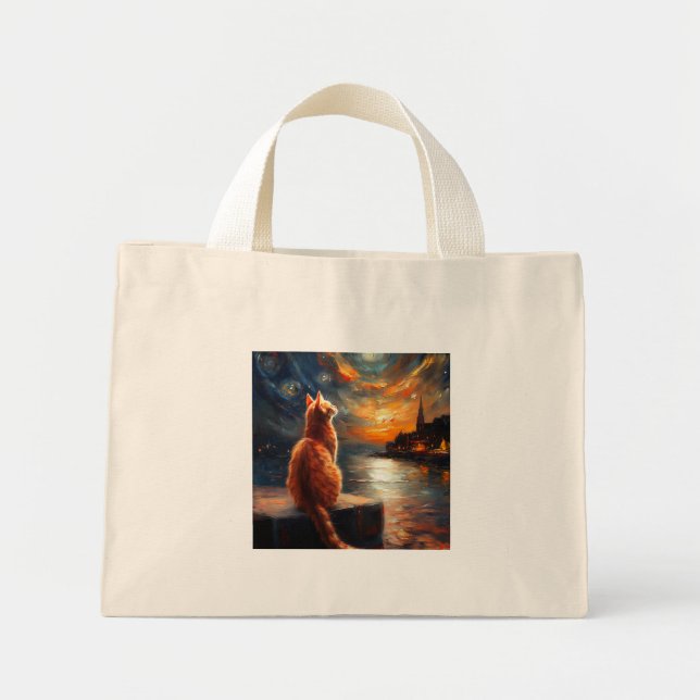 Kontemplative Ginger Cat | Starry Night Sky Mini Stoffbeutel (Vorne)