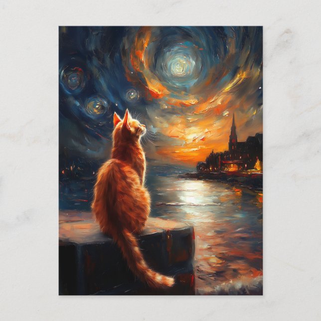 Kontemplative Ginger Cat | Starry Night Sky Postkarte (Vorderseite)