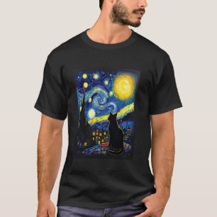 Kontemplative Katzensilhouette Van Gogh Kunststil T-Shirt