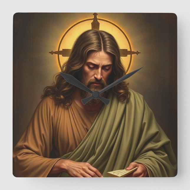Kontemplativer Jesus mit einer Halo-Wall-Uhr Quadratische Wanduhr (Vorderseite)