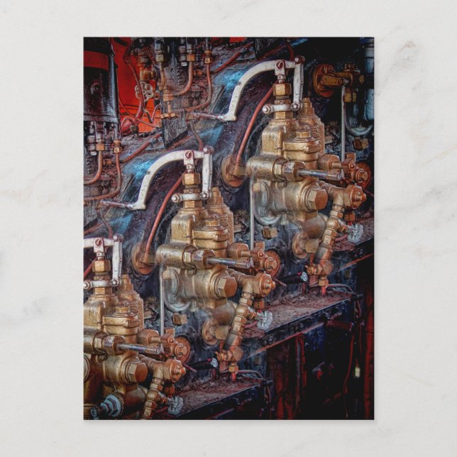 Kontrollen eines Motors einer Dampflokomotive Postkarte (Vorderseite)