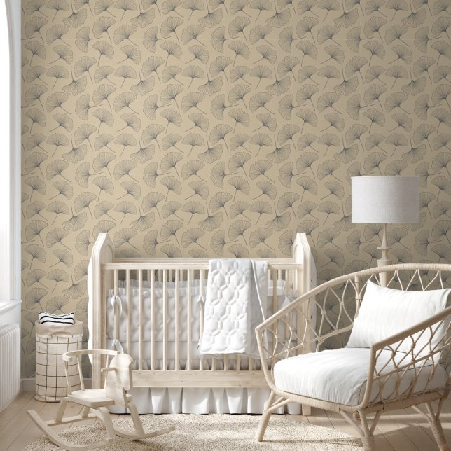 Kontur Boho Blue Ginkgo Biloba Blätter Tapete (Kinder)