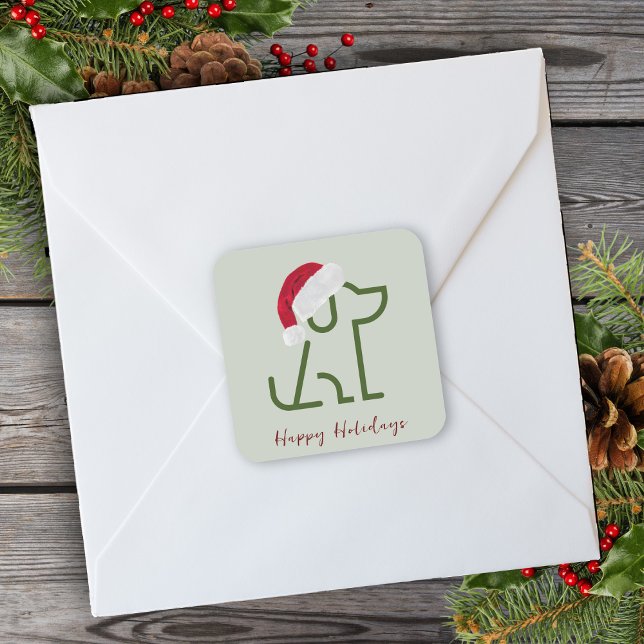 Kontur des Hundes mit Weihnachtsmannmütze Classic  Quadratischer Aufkleber (Dress up your packages, presents and envelopes with festive holiday stickers! Merry Merry Christmas!)