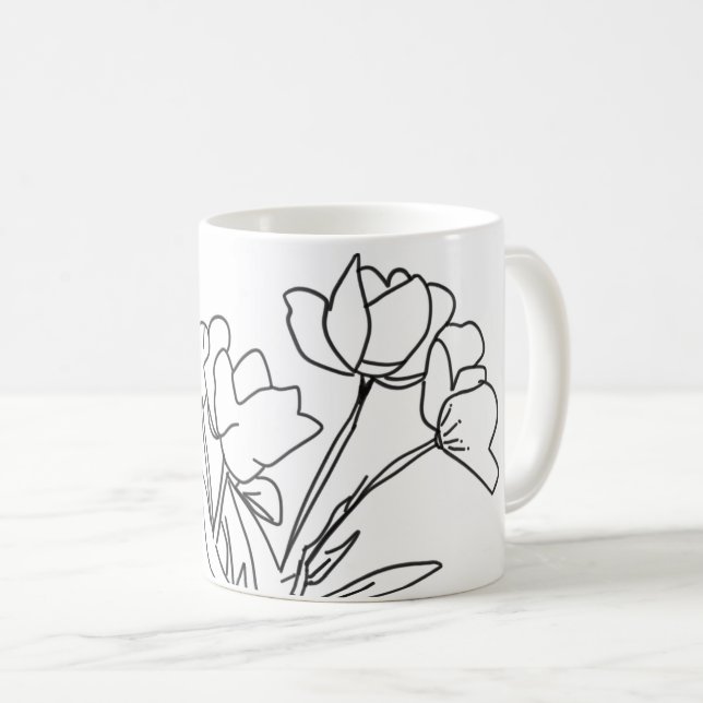 Kontur in Schwarzweiß-Blume Kaffeetasse (VorderseiteRechts)