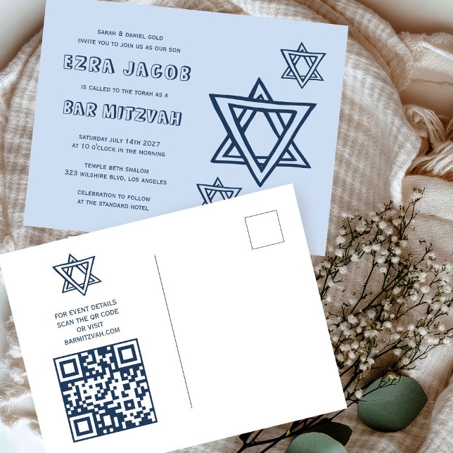 KONTUR LETTER STAR DAVID Custom QR BAR Mitzvah Postkarte (OUTLINE LETTER STAR of DAVID Custom QR BAR Mitzvah Postcard
)