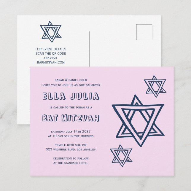 KONTUR LETTER STAR DAVID Custom QR BAT Mitzvah Postkarte (Vorne/Hinten)