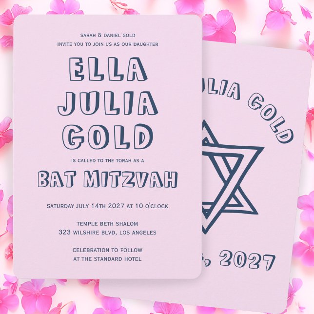 KONTUR LETTERS STAR DAVID Custom Bat Mitzvah Einladung (OUTLINE LETTERS STAR OF DAVID Custom Pink Bat Mitzvah Invitation
)