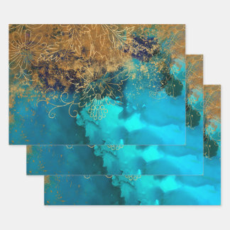 Konturen aus Gold und Blumen auf Aquamarin Green Geschenkpapier Set