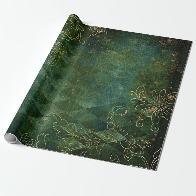 Konturen von Gold-Floral auf Green Geschenkpapier (Ungerollt)