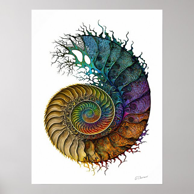Konzept Ammonite Fossil in lebhaften Tintenfarben Poster (Vorne)