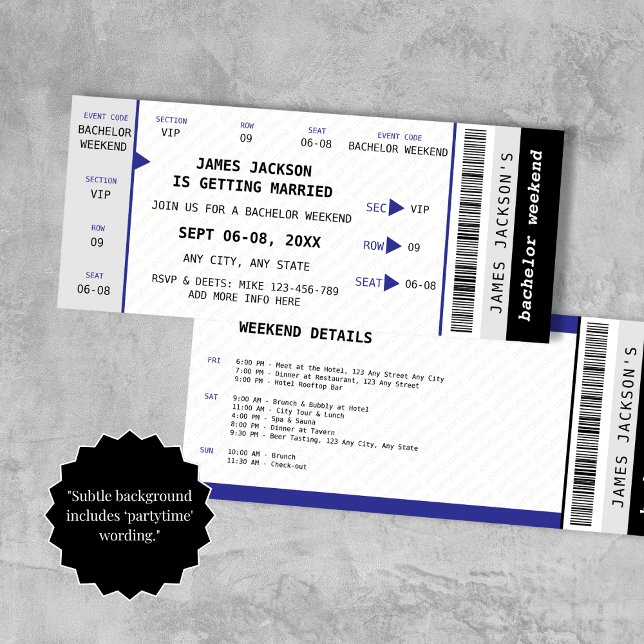 Konzert Ticket Bachelor Wochenende Tour Einladung ("Subtle background includes ‘partytime' wording.")