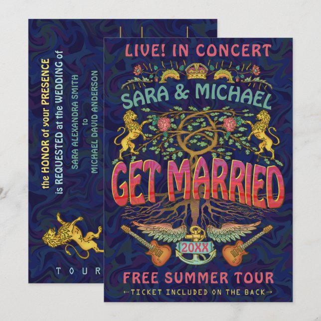 Konzert-Ticket für das Hochzeitstreffen im Retro-7 Einladung (Vorne/Hinten)