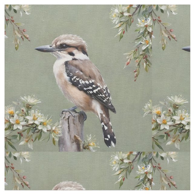 Kookaburra und blühender Eukalyptus, Stoff (Nahaufnahme)