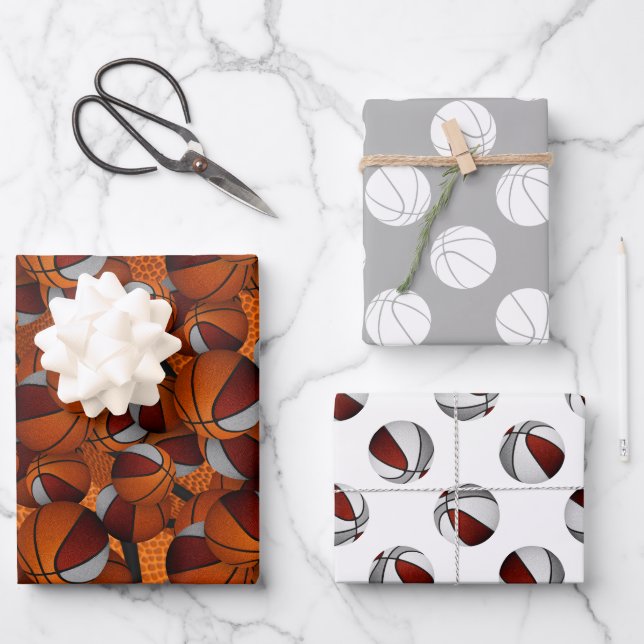 Koordinierter Sportgeschenkmaroon grauer Basketbal Geschenkpapier Set (Vorderseite)