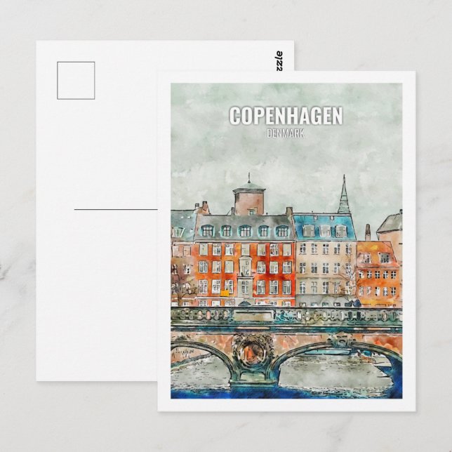 Kopenhagen Dänemark Berühmter Reiseort Watercolor Postkarte (Vorne/Hinten)