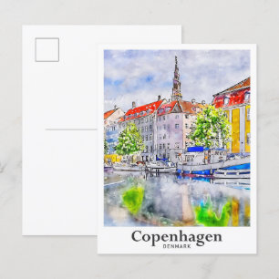 Kopenhagen Dänemark Reise Wasserfarbe Handgezeichn Postkarte