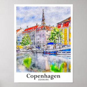 Kopenhagen Dänemark Reisen Wasserfarbenhandzeichnu Poster