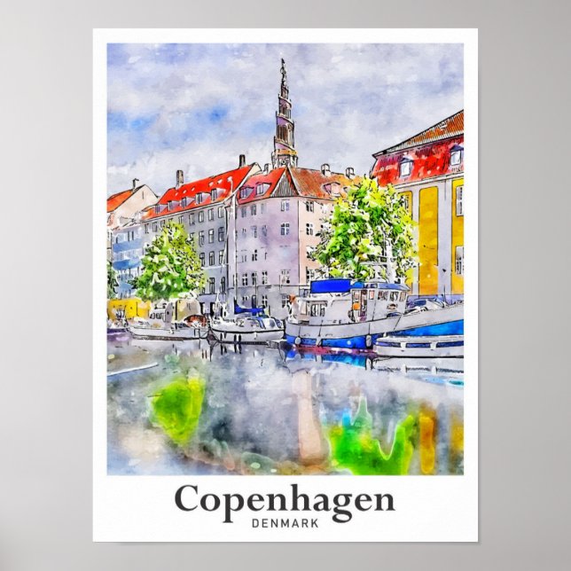 Kopenhagen Dänemark Reisen Wasserfarbenhandzeichnu Poster (Vorne)