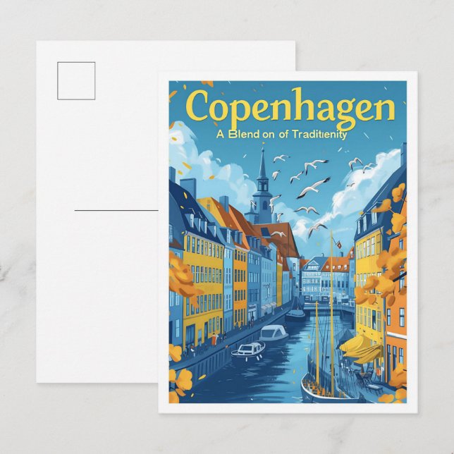 Kopenhagen Dänemark Vintage Kunstreise Illustratio Postkarte (Vorne/Hinten)