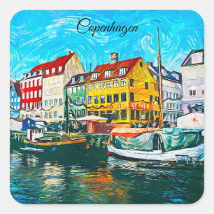 Kopenhagener Ölmalerei der Uferpromenade von Nyhav Quadratischer Aufkleber