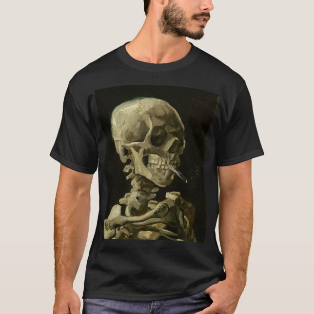Kopf eines Skeletts mit brennender Zigarette T-Shirt (Vorderseite)