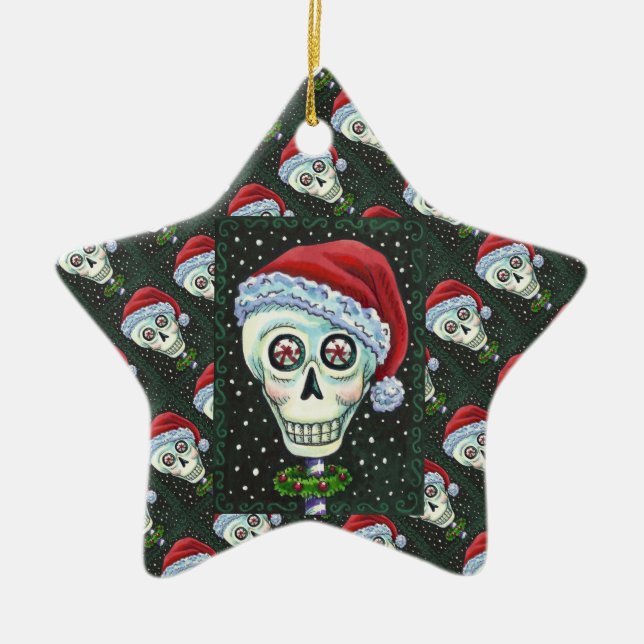 KOPF SANTA SKULL, CHRISTMAS SKELETON SPASS KERAMIK ORNAMENT (Vorne)