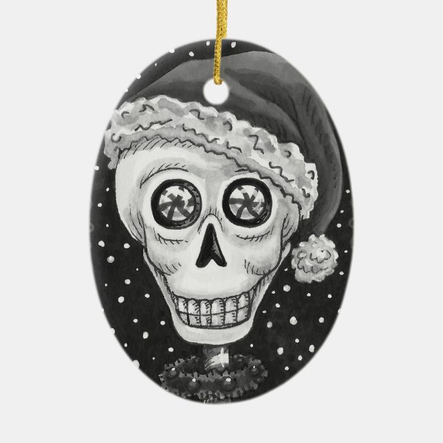 KOPF SANTA SKULL, CHRISTMAS SKELETON SPASS KERAMIK ORNAMENT (Vorne)