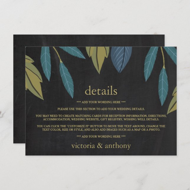Kopfbrett-Leaf-Hochzeitsdetails Beilage Begleitkarte (Vorne/Hinten)