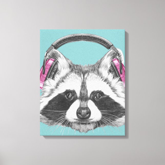 Kopfhörer-Raccoon Leinwanddruck (Vorderseite)