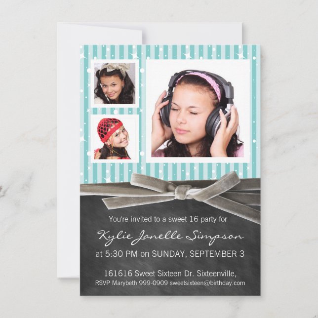 Kopfkarton Süß 16 mit 3 Fotos Einladung (Vorderseite)