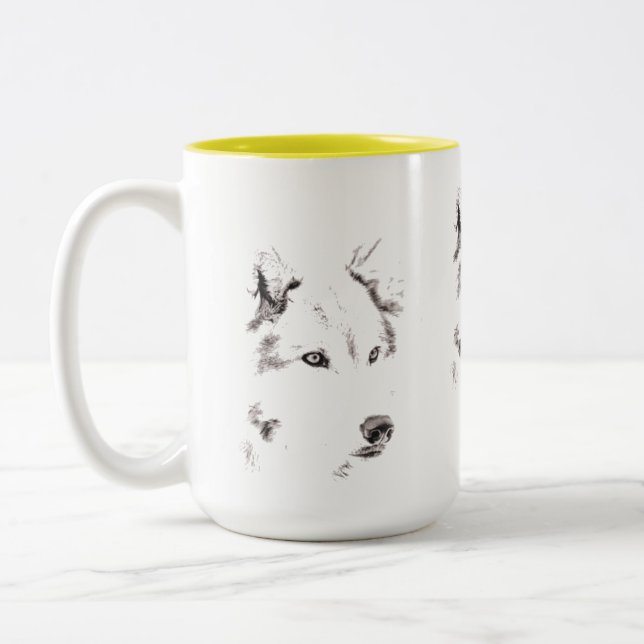 Kopfskizze von Funky Grey and White Wolf Zweifarbige Tasse (Links)