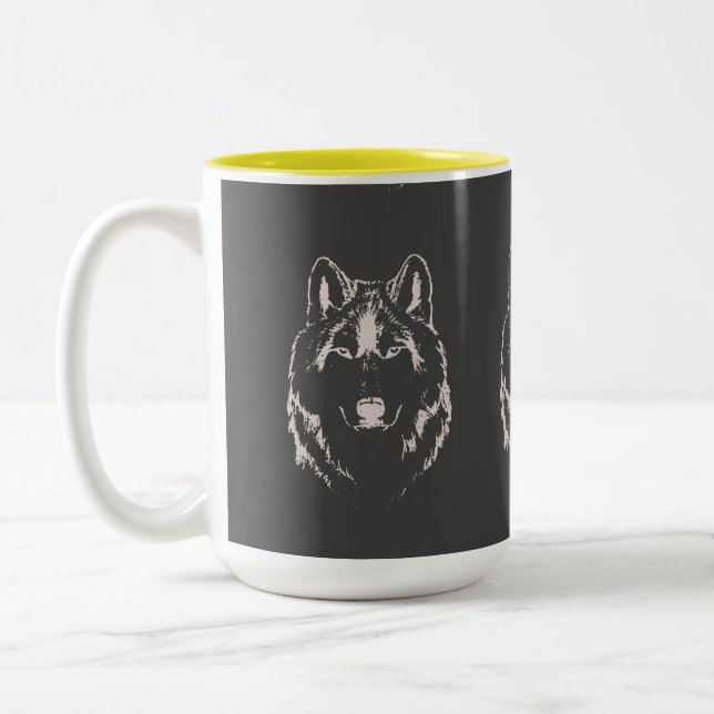 Kopfskizze von Funky Grey and White Wolf Zweifarbige Tasse (Links)