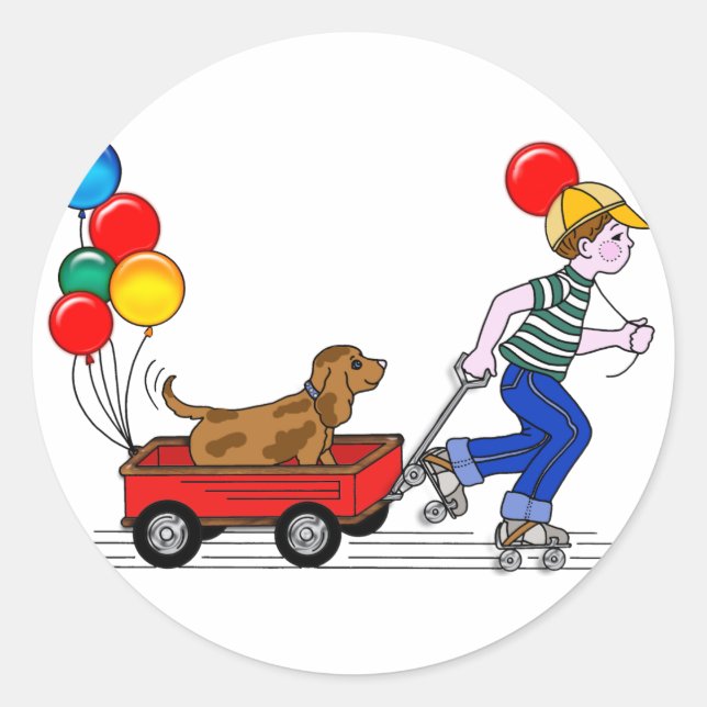 Kopie von Junge, Hund, Wagen und Balloons Runder Aufkleber (Vorderseite)