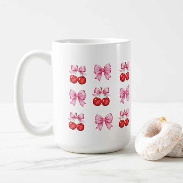 Koquette Kirschen und rosa Bogen Kaffeetasse (Mit Donut)