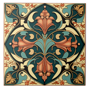 Koral- und Teal-Art-Nouveau-Floral Fliese