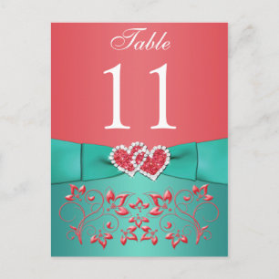 Koralle, Aquamarine Blüte, Herzkarte Tischnummer P