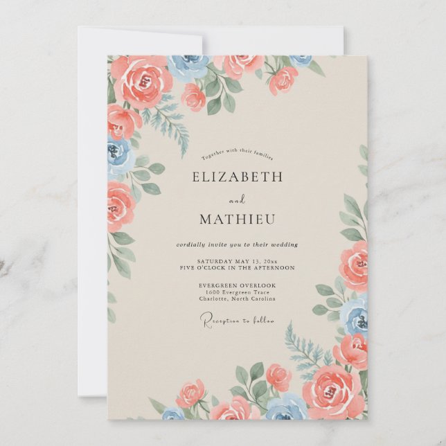 Koralle Azure Soft Rose Hochzeit Einladung (Vorderseite)