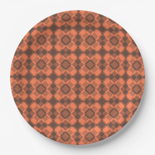 Koralle-Braun-Karo-Argyle-Muster Pappteller (Vorderseite)